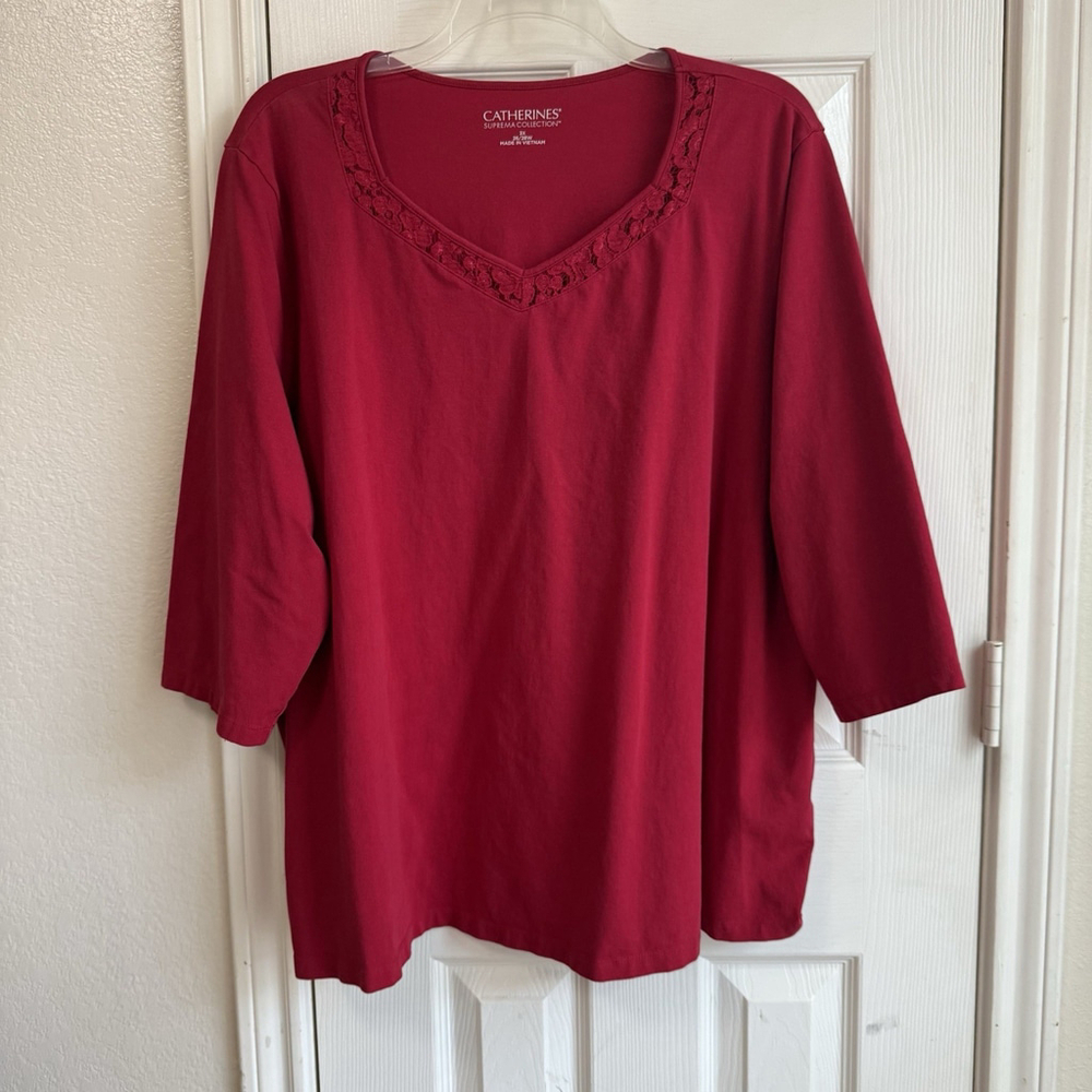 Catherines Suprema Collection 3X Red Cotton Spandex Women's Top 3/4 Sleeves